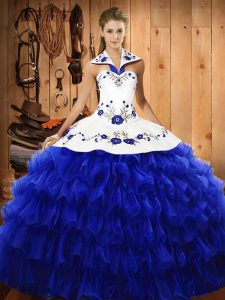 Pretty Halter Top Sleeveless Ball Gown Prom Dress Floor Length Embroidery and Ruffled Layers Royal Blue Organza