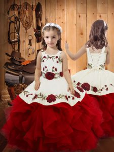 Floor Length Wine Red Kids Pageant Dress Satin and Tulle Sleeveless Embroidery and Ruffles