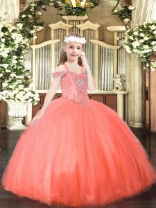 Tulle Off The Shoulder Sleeveless Lace Up Beading Child Pageant Dress in Coral Red