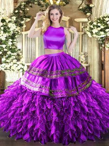 Eggplant Purple Tulle Criss Cross High-neck Sleeveless Floor Length Quinceanera Dress Ruffles and Sequins