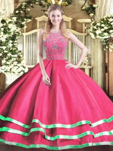 Colorful Hot Pink Zipper Quinceanera Gown Beading Sleeveless Floor Length