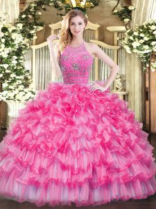 Glamorous Sleeveless Tulle Floor Length Zipper Sweet 16 Quinceanera Dress in Hot Pink with Beading and Ruffled Layers