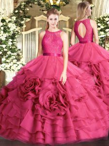 Fashion Hot Pink Fabric With Rolling Flowers Zipper Ball Gown Prom Dress Sleeveless Floor Length Lace