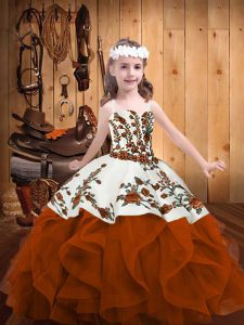 Straps Sleeveless Little Girl Pageant Gowns Floor Length Embroidery and Ruffles Rust Red Organza