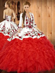 Floor Length Lace Up Quince Ball Gowns Red for Military Ball and Sweet 16 and Quinceanera with Embroidery and Ruffles