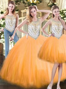 Tulle Scoop Sleeveless Zipper Beading Quince Ball Gowns in Orange Red