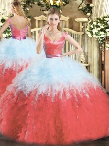 Multi-color Ball Gowns V-neck Sleeveless Organza Floor Length Zipper Ruffles Vestidos de Quinceanera