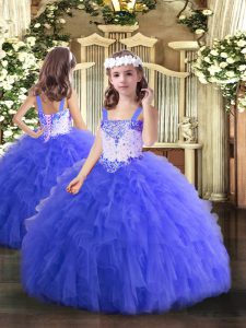 Blue Sleeveless Tulle Lace Up Little Girls Pageant Gowns for Party and Quinceanera