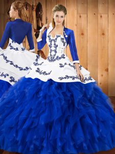 Beautiful Blue And White Ball Gowns Strapless Sleeveless Satin and Organza Floor Length Lace Up Embroidery and Ruffles Sweet 16 Dress