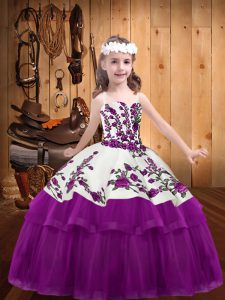 Trendy Fuchsia Ball Gowns Embroidery Little Girls Pageant Dress Wholesale Lace Up Organza and Tulle Sleeveless Floor Length