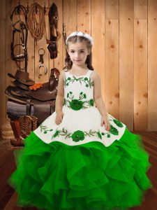 Green Sleeveless Floor Length Embroidery and Ruffles Lace Up Little Girls Pageant Gowns