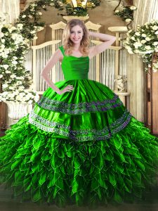 Green Ball Gowns Organza Straps Sleeveless Beading and Lace and Ruffles Floor Length Zipper Ball Gown Prom Dress