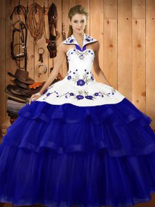 Sleeveless Embroidery and Ruffled Layers Lace Up Quinceanera Gown with Royal Blue Sweep Train