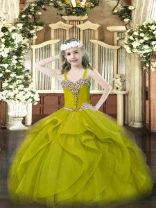 One Shoulder Sleeveless Little Girl Pageant Dress Floor Length Beading and Ruffles Olive Green Organza