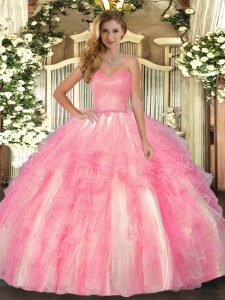 Organza Sweetheart Sleeveless Lace Up Ruffles Quince Ball Gowns in Rose Pink