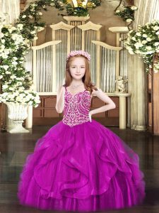 Custom Fit Fuchsia Tulle Lace Up Spaghetti Straps Sleeveless Floor Length Pageant Dress Womens Beading and Ruffles