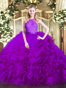 Scoop Sleeveless Zipper Quinceanera Gown Eggplant Purple Fabric With Rolling Flowers