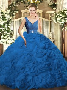 Ball Gowns 15th Birthday Dress Blue V-neck Fabric With Rolling Flowers Sleeveless Floor Length Backless