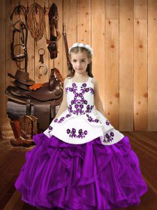 Eggplant Purple Ball Gowns Organza Straps Sleeveless Embroidery and Ruffles Lace Up Kids Formal Wear