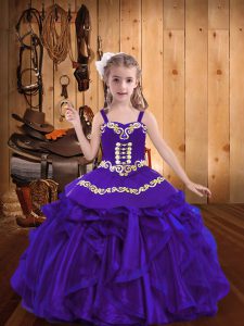 Purple Lace Up Straps Embroidery and Ruffles Little Girl Pageant Gowns Organza Sleeveless