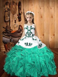 Sleeveless Lace Up Floor Length Embroidery and Ruffles Kids Formal Wear