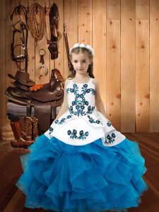 Customized Baby Blue Straps Lace Up Embroidery and Ruffles Little Girl Pageant Dress Sleeveless