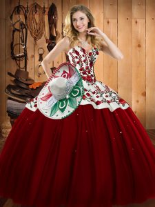 Top Selling Wine Red Sweetheart Neckline Embroidery 15 Quinceanera Dress Sleeveless Lace Up