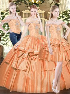 Orange Red Organza Lace Up 15 Quinceanera Dress Sleeveless Floor Length Beading and Ruffled Layers
