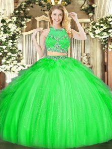 Flirting Floor Length Two Pieces Sleeveless Green Ball Gown Prom Dress Zipper