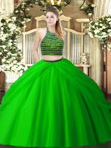 Green Tulle Zipper Halter Top Sleeveless Floor Length Quinceanera Dresses Beading and Ruching