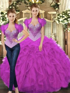 On Sale Floor Length Lace Up Quince Ball Gowns Fuchsia for Military Ball and Sweet 16 and Quinceanera with Beading and Ruffles