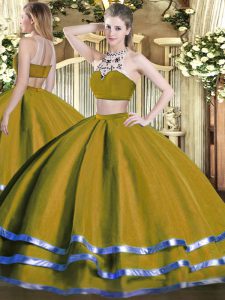 Simple Olive Green Backless High-neck Beading Sweet 16 Dresses Tulle Sleeveless