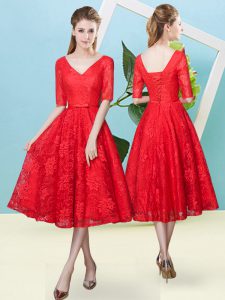 Flirting Tea Length Lace Up Quinceanera Dama Dress Red for Prom and Party and Wedding Party with Bowknot