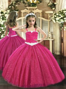 Exquisite Hot Pink Ball Gowns Appliques Little Girls Pageant Dress Wholesale Zipper Tulle Sleeveless Floor Length