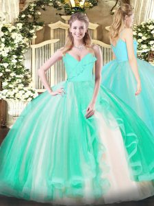 Turquoise Ball Gowns Tulle Spaghetti Straps Sleeveless Ruffles Floor Length Zipper 15th Birthday Dress