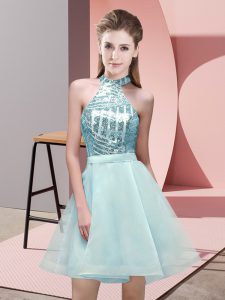 Halter Top Sleeveless Dama Dress Mini Length Sequins Aqua Blue Chiffon