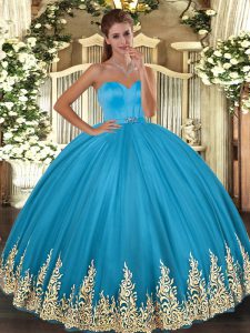 Sleeveless Floor Length Appliques Lace Up 15 Quinceanera Dress with Baby Blue