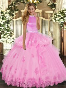 Rose Pink Halter Top Neckline Beading and Ruffles Quinceanera Dresses Sleeveless Backless