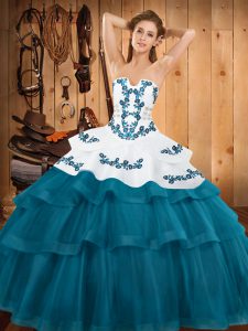 Teal Lace Up 15 Quinceanera Dress Embroidery and Ruffled Layers Sleeveless Sweep Train