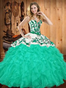 Glittering Sweetheart Sleeveless 15th Birthday Dress Floor Length Embroidery and Ruffles Turquoise Satin and Organza