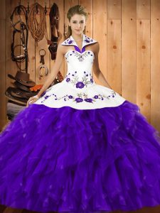 Deluxe Purple Lace Up Halter Top Embroidery and Ruffles Sweet 16 Dresses Satin and Organza Sleeveless