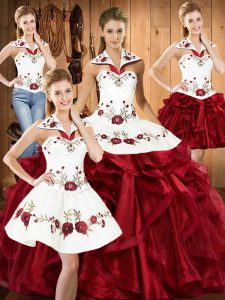Ball Gowns 15 Quinceanera Dress Wine Red Halter Top Organza Sleeveless Floor Length Lace Up