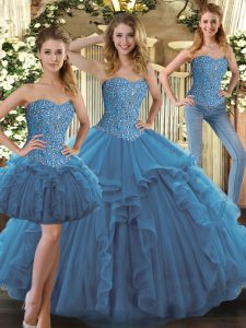 Fashion Sleeveless Tulle Floor Length Lace Up Quinceanera Dresses in Teal with Beading and Ruffles