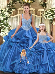 Popular Blue Ball Gowns Straps Sleeveless Tulle Floor Length Lace Up Beading and Ruffles Quince Ball Gowns