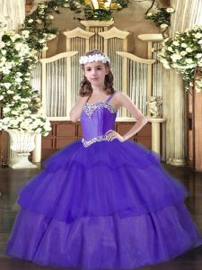 Lovely Sleeveless Organza Floor Length Lace Up Little Girls Pageant Gowns in Purple with Beading and Ruffled Layers