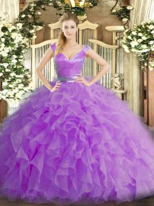 Sleeveless Floor Length Ruffles Zipper 15 Quinceanera Dress with Lilac
