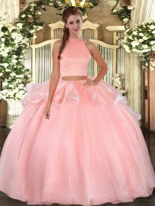 Vintage Pink Backless Quinceanera Dress Beading Sleeveless Floor Length