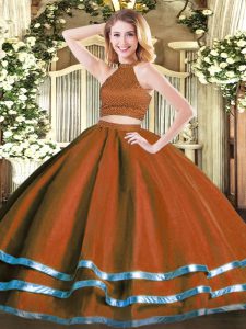 Exceptional Rust Red Two Pieces Beading Sweet 16 Dress Backless Tulle Sleeveless Floor Length