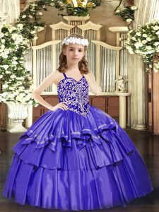 Floor Length Lace Up Little Girls Pageant Dress Lavender for Party and Quinceanera with Beading and Ruffled Layers