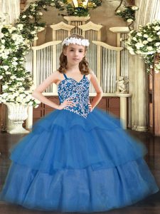 Beauteous Baby Blue Sleeveless Floor Length Beading and Ruffled Layers Lace Up Little Girls Pageant Gowns